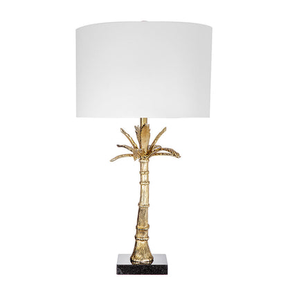 Palm leaf lamp with gold finish, white drum shade, black marble base by HouseOfZazla on Tampa Home & Garden Store