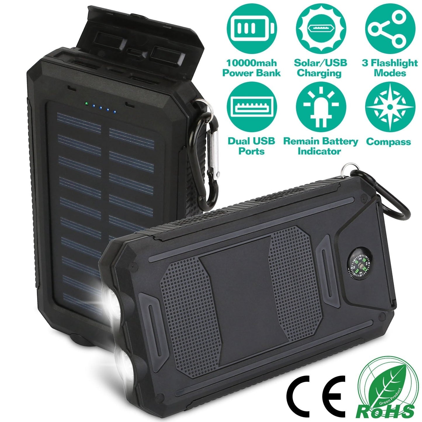GemGear 10000mAh rugged black solar power bank with dual USB ports, SOS LEDs and compass on Tampa Home & Garden Store