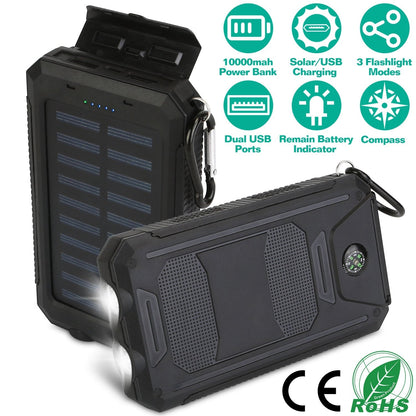 GemGear 10000mAh rugged black solar power bank with dual USB ports, SOS LEDs and compass on Tampa Home & Garden Store