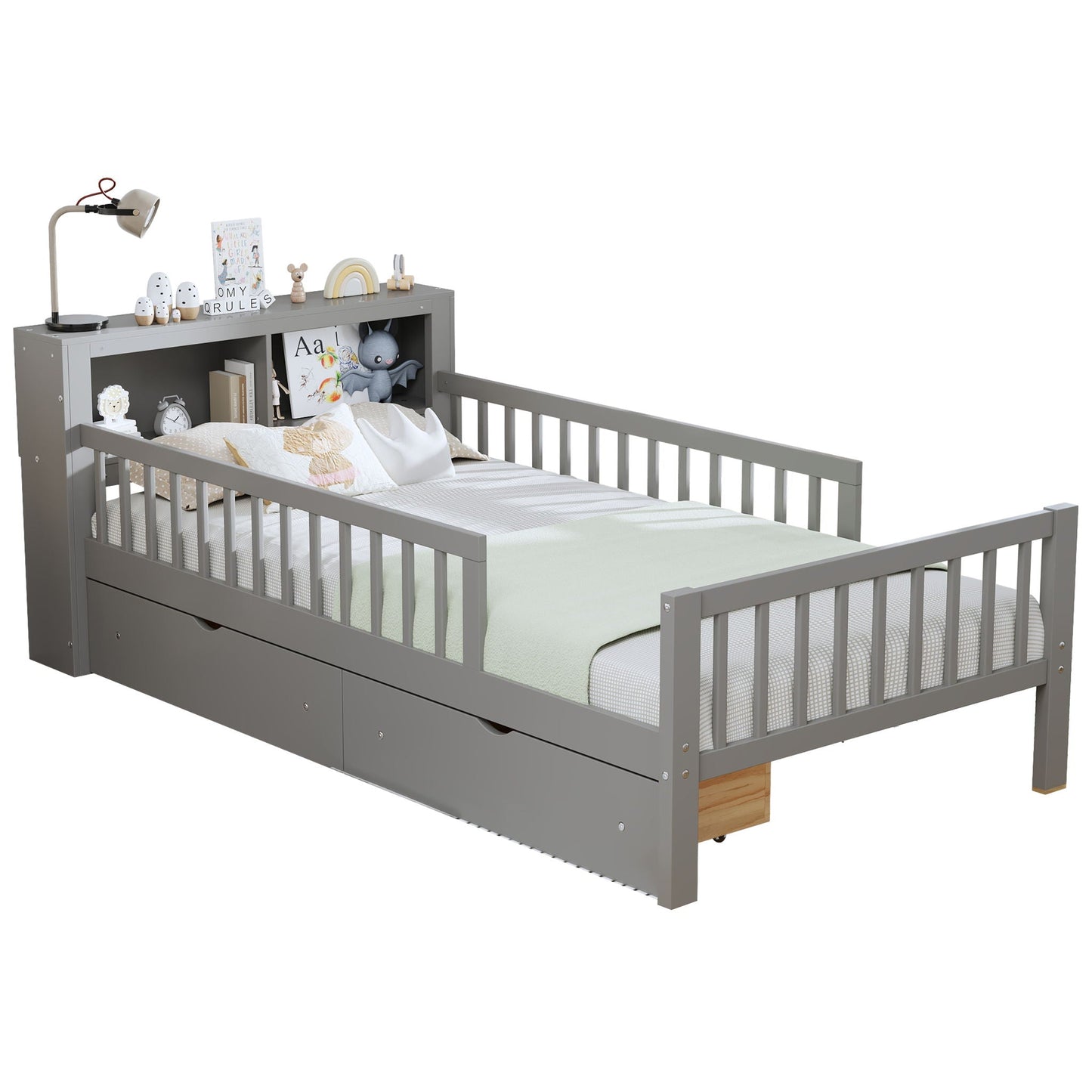 Gray storage bed with headboard rack, 2 under-bed drawers and 3 side guardrails on Tampa Home & Garden Store