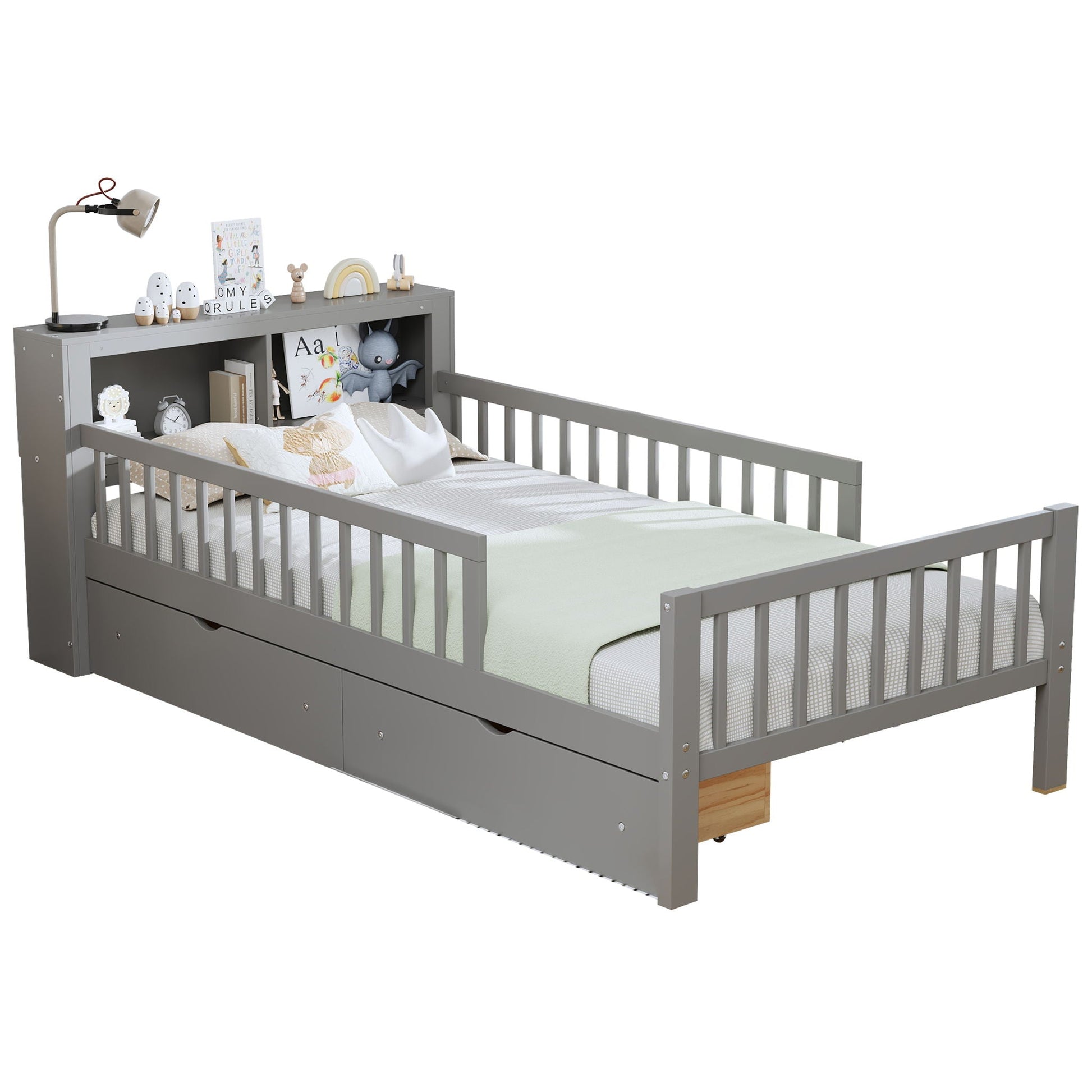 Gray storage bed with headboard rack, 2 under-bed drawers and 3 side guardrails on Tampa Home & Garden Store