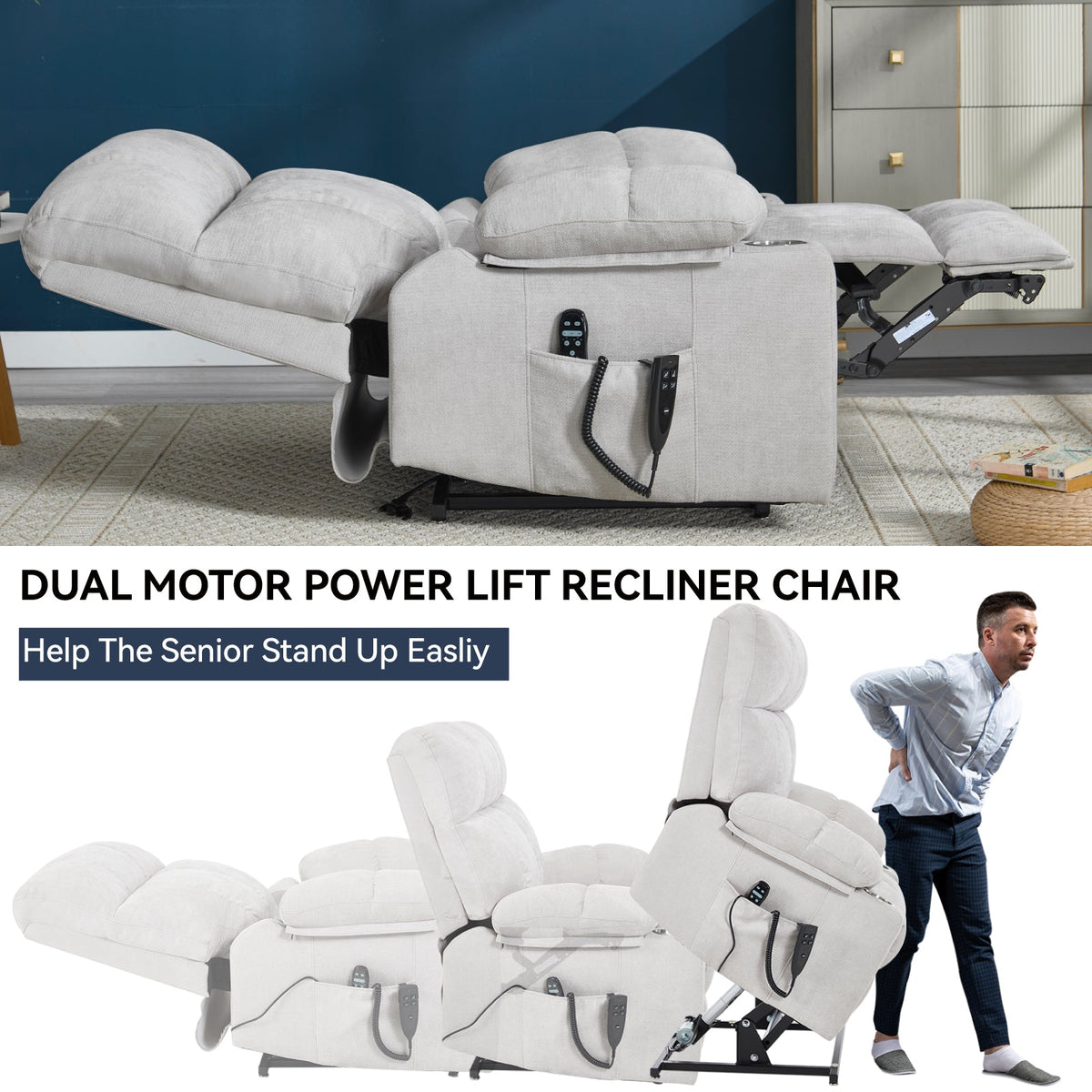 Beige dual motor lift recliner chair by HouseOfZazla; remote in side pocket on Tampa Home & Garden Store