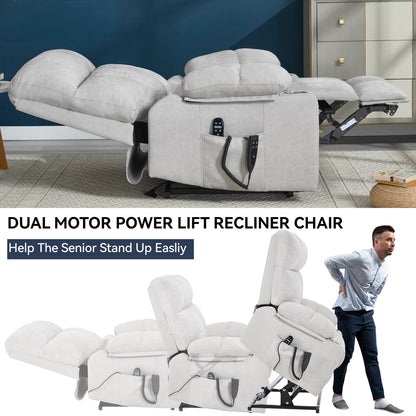 Beige dual motor lift recliner chair by HouseOfZazla; remote in side pocket on Tampa Home & Garden Store