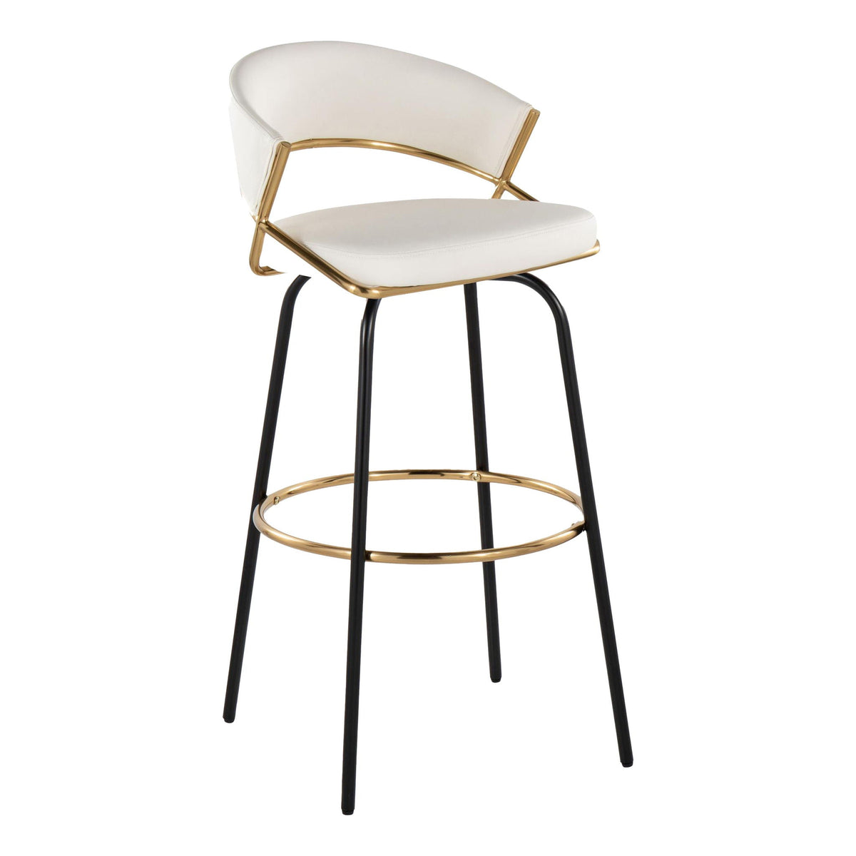 Fixed height contemporary barstool with swivel footrest in white upholstery and gold frame on Tampa Home & Garden Store