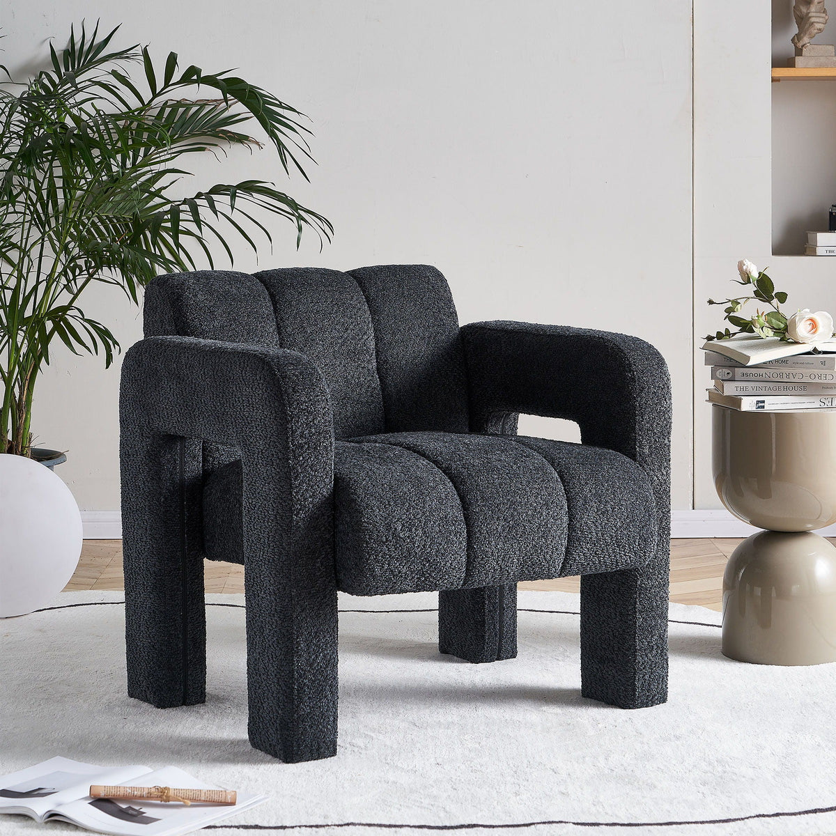 Boucle upholstered accent chair with solid wood frame, dark charcoal, modern modular seating on Tampa Home & Garden Store