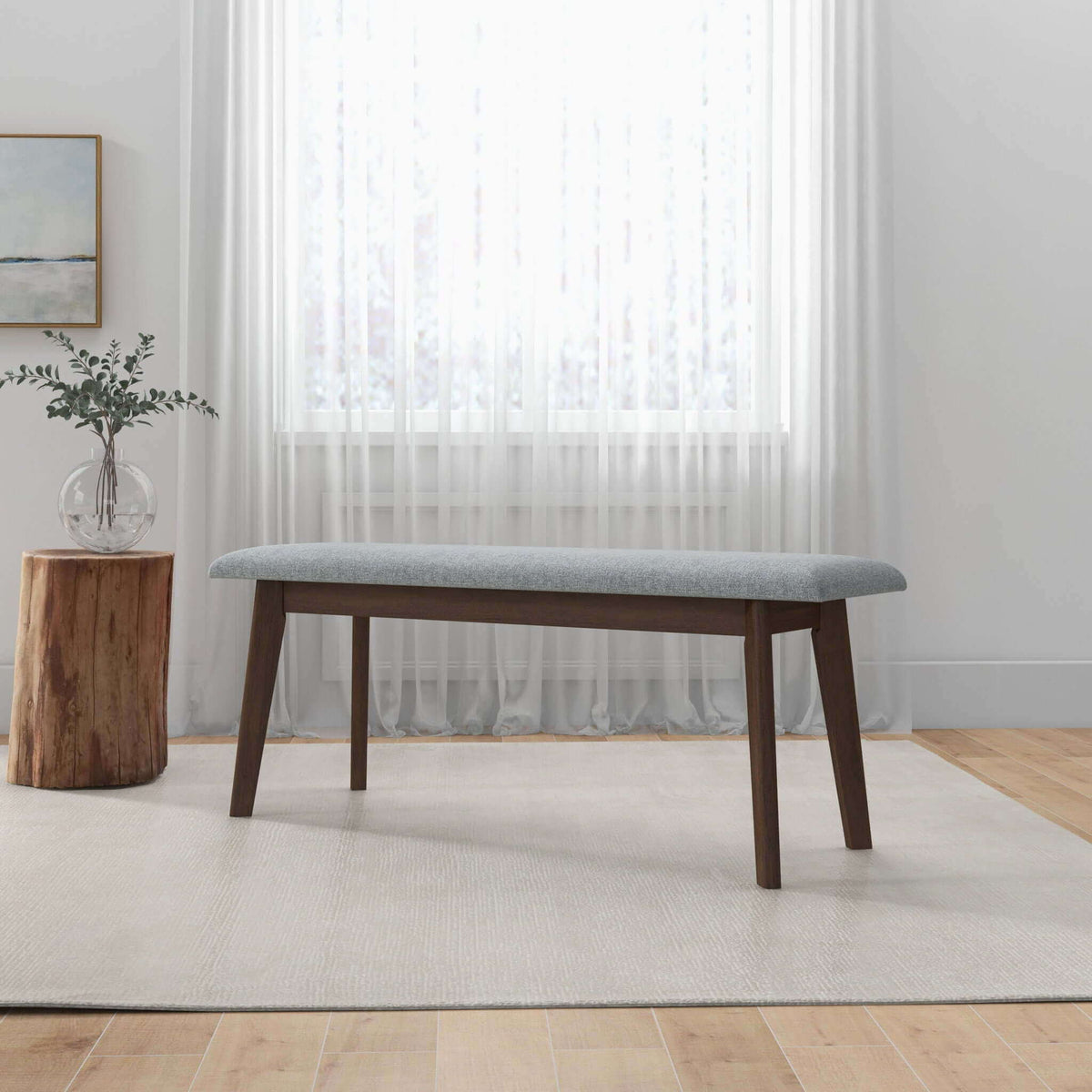 Carlos Upholstered Bench gray with high density foam cushion, wooden legs on Tampa Home & Garden Store