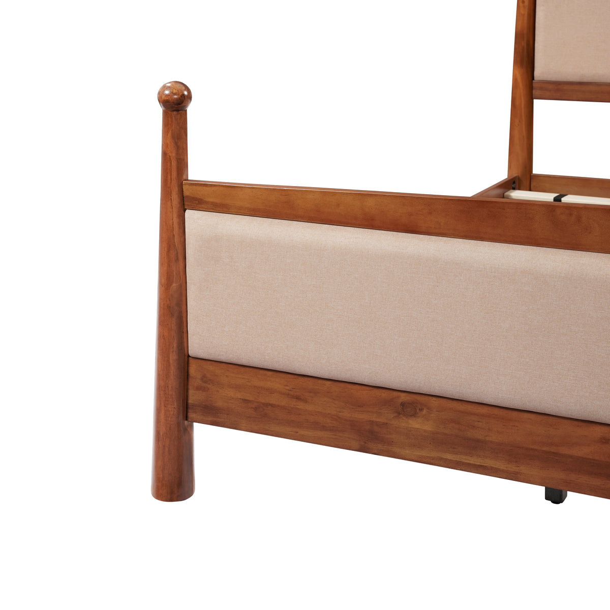 King Size Upholstered Platform Bed Frame by HouseOfZazla with warm wood finish and beige fabric panels on rails on Tampa Home & Garden Store