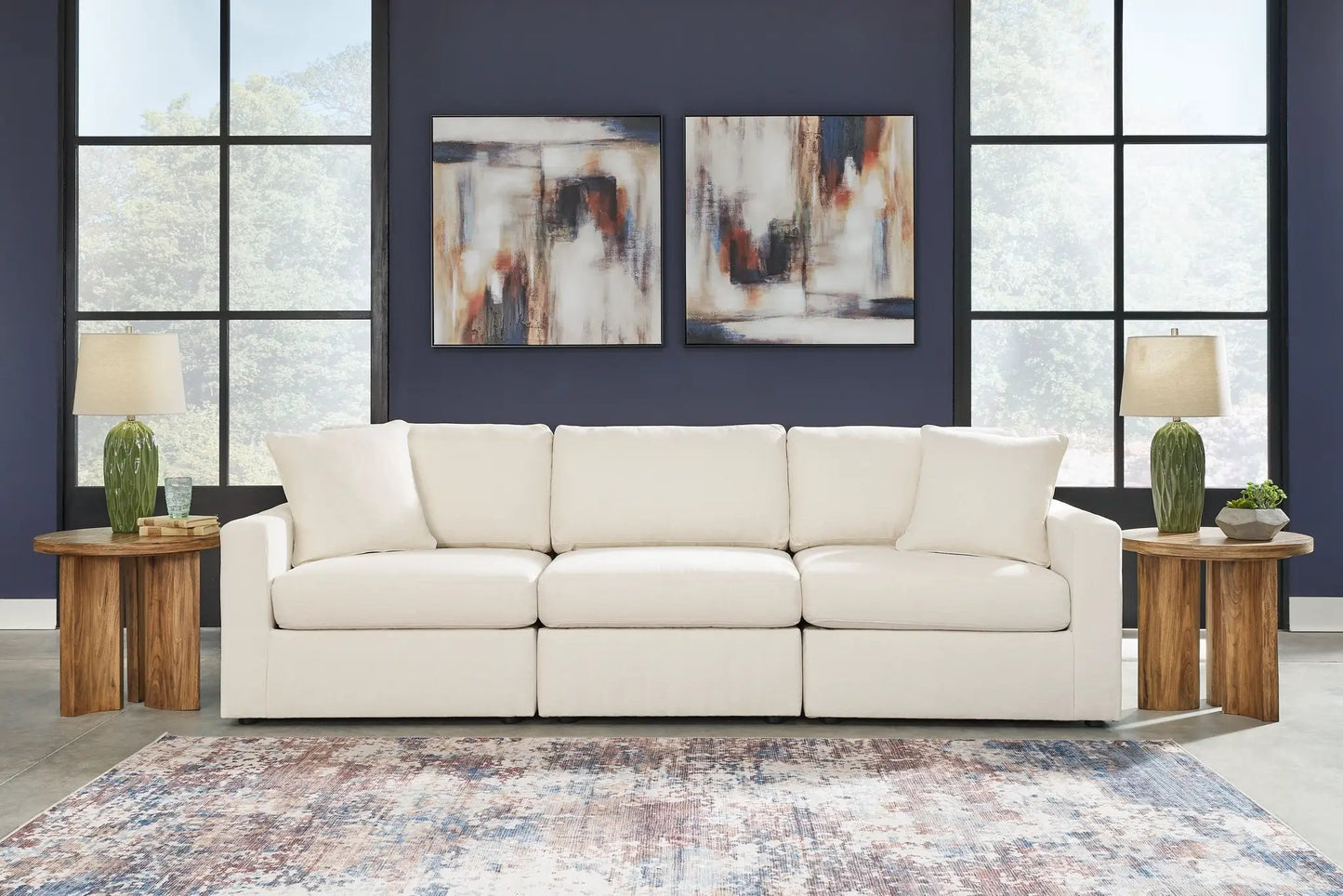 Modmax Sectional Oyster stationary cream fabric sofa on navy wall on Tampa Home & Garden Store