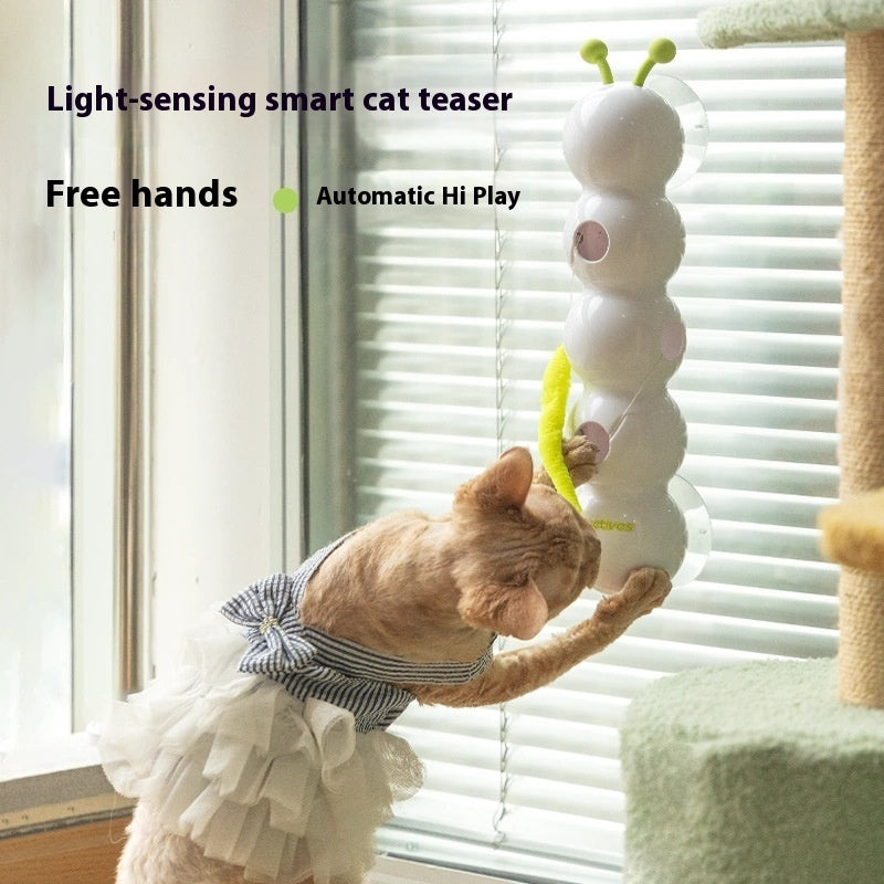 Smart interactive cat toy with moving tail white segmented design with neon green antenna on Tampa Home & Garden Store