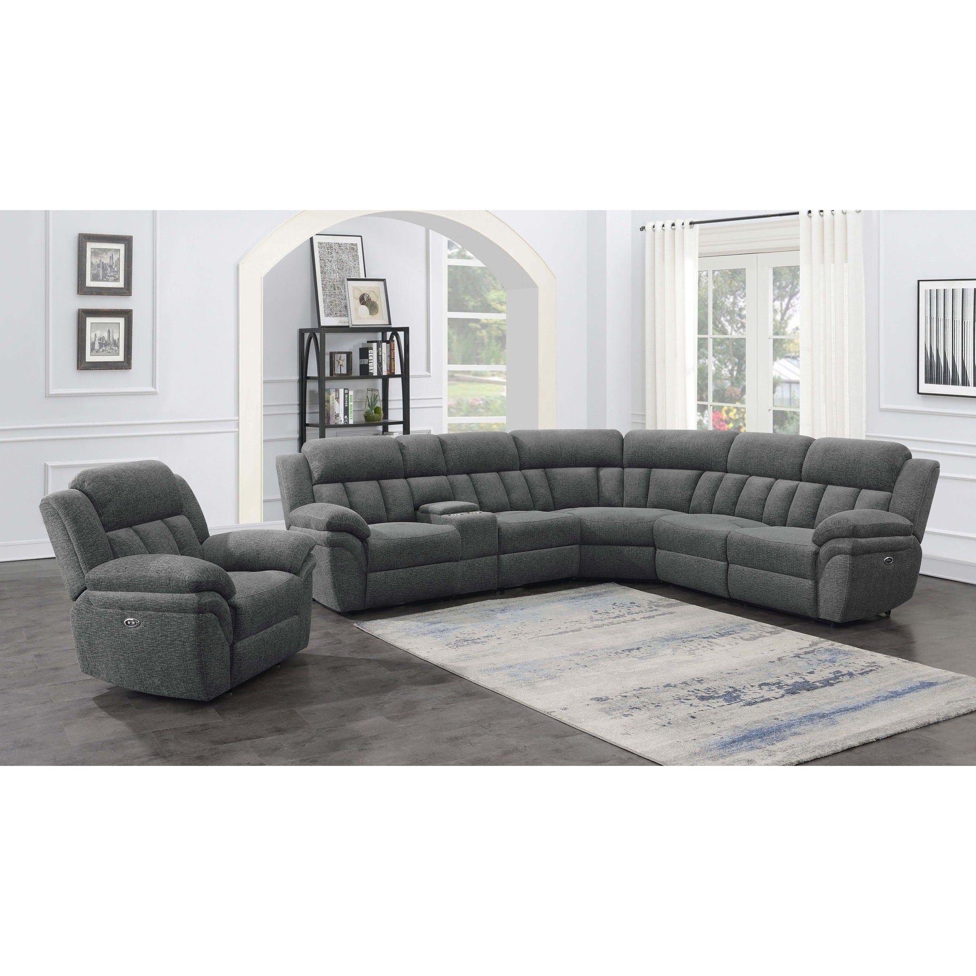Divine 6 Piece Reclining Sectional in dark gray fabric by HouseOfZazla with plush seat cushions on Tampa Home & Garden Store