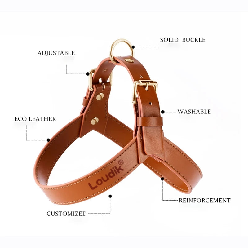 Loudik dog and cat vest chest harness in brown eco leather with adjustable straps and gold hardware on Tampa Home & Garden Store