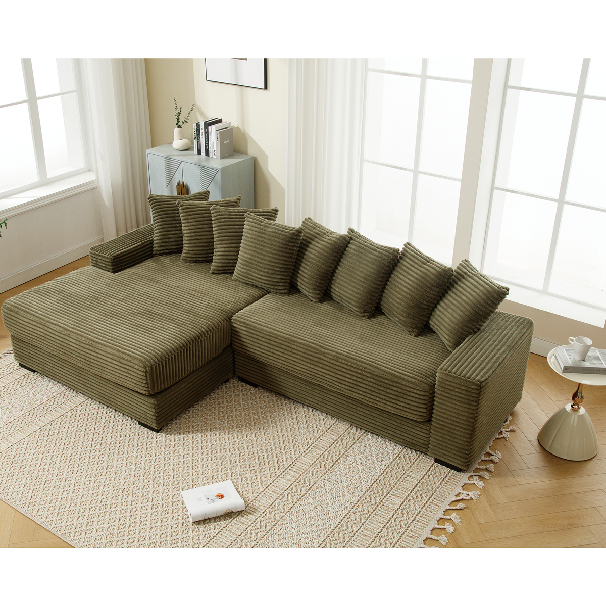 Oversized two-piece corduroy sofa with left chaise daybed in olive by HouseOfZazla on Tampa Home & Garden Store