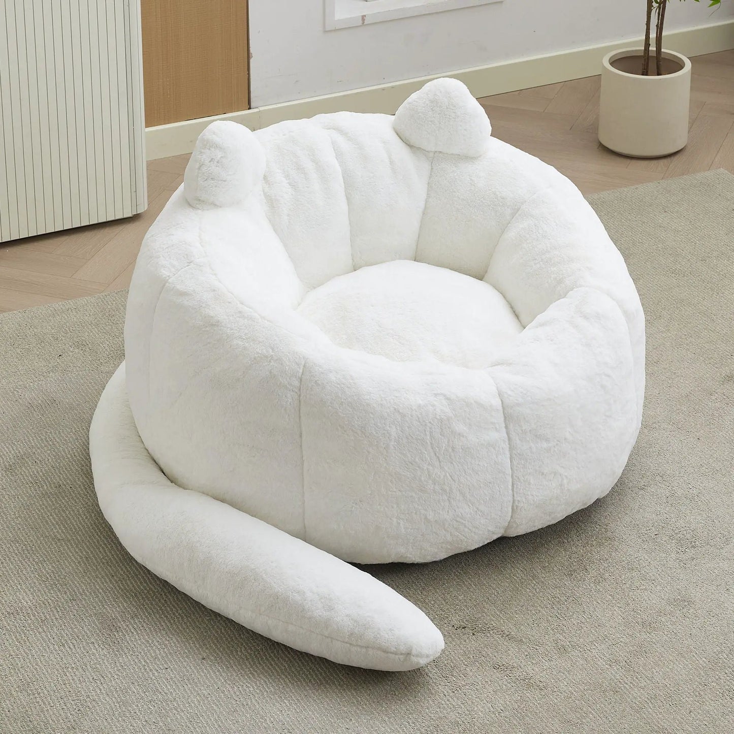 Cat shaped bean bag sofa with long tail in white plush fabric on Tampa Home & Garden Store