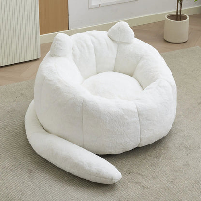Cat shaped bean bag sofa with long tail in white plush fabric on Tampa Home & Garden Store