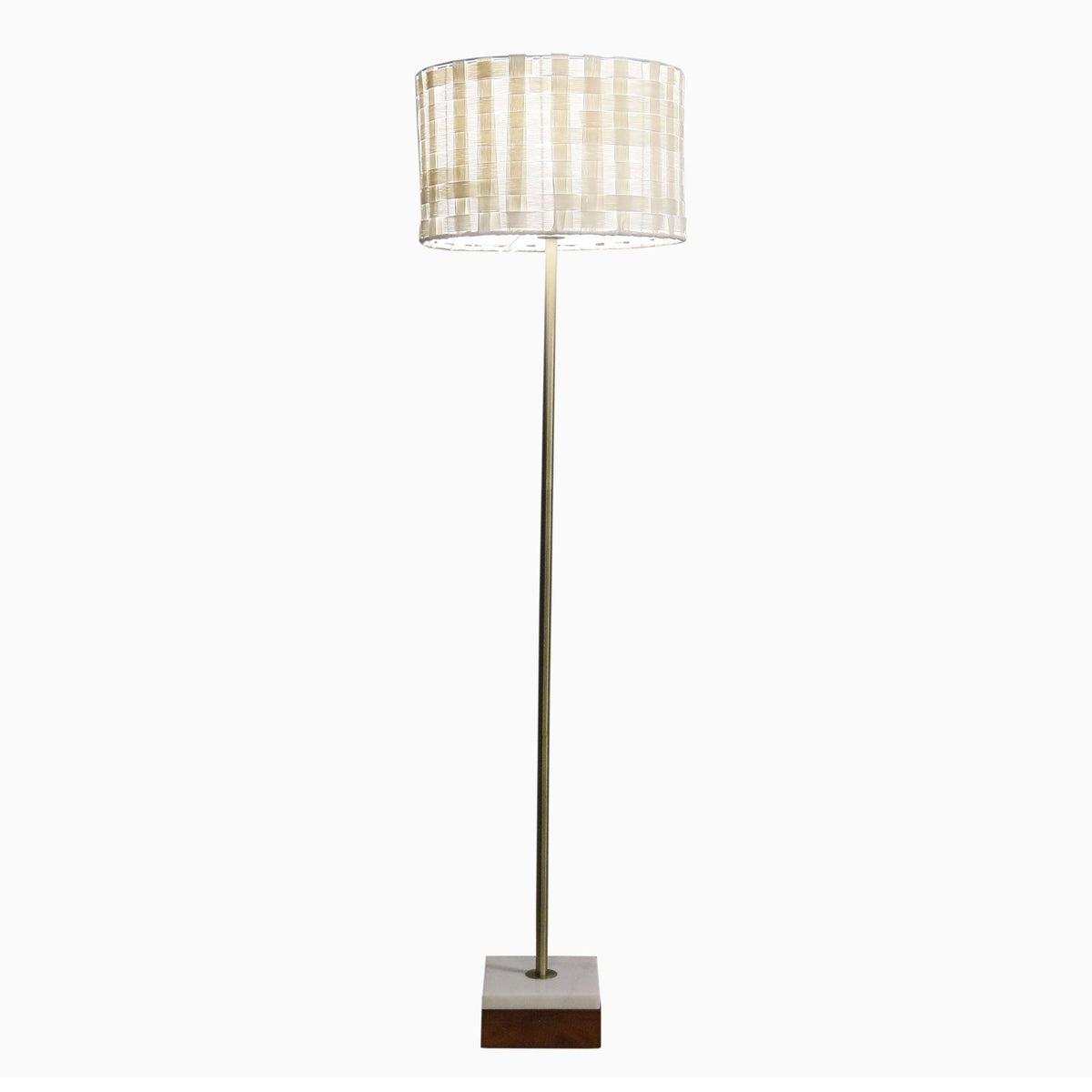 Viora floor lamp in gold with a woven beige shade and square base on Tampa Home & Garden Store
