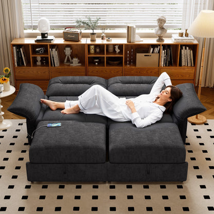 Grey plush sofa bed 85-inch convertible, HouseOfZazla; two-section couch with a person lounging on it on Tampa Home & Garden Store