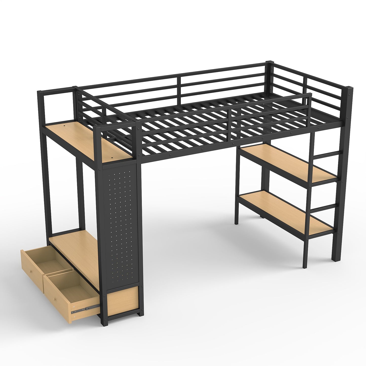 Twin XL Metal Loft Bed With Wardrobe and Shelves