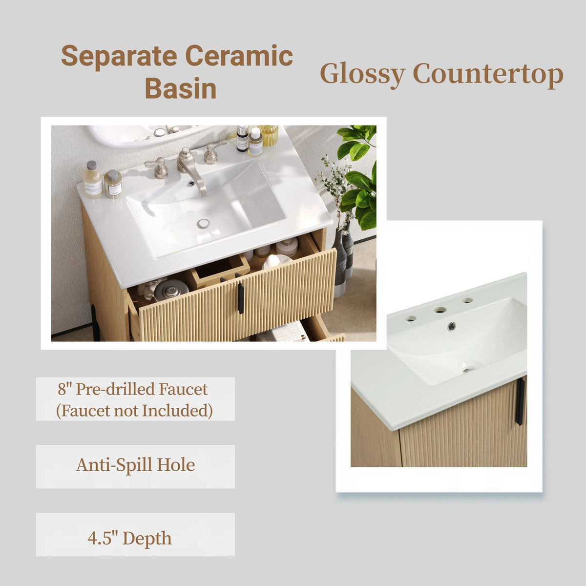 Bathroom vanity with ceramic sink, fluted light brown wood cabinet and white countertop on Tampa Home & Garden Store
