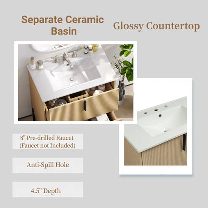 Bathroom vanity with ceramic sink, fluted light brown wood cabinet and white countertop on Tampa Home & Garden Store