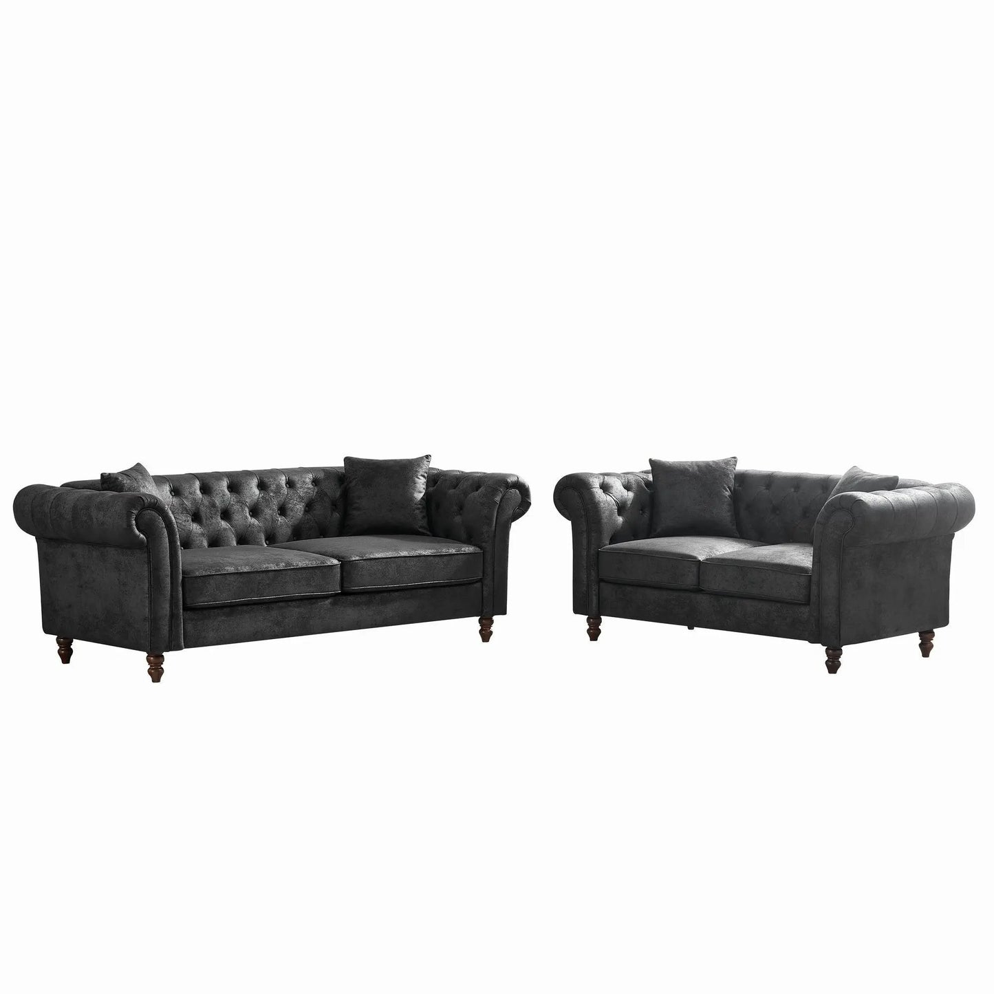 Chesterfield 3 and 2 seater sofa set in dark gray high-tech fabric, tufted arms, wood legs on Tampa Home & Garden Store