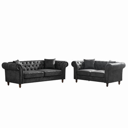 Chesterfield 3 and 2 seater sofa set in dark gray high-tech fabric, tufted arms, wood legs on Tampa Home & Garden Store