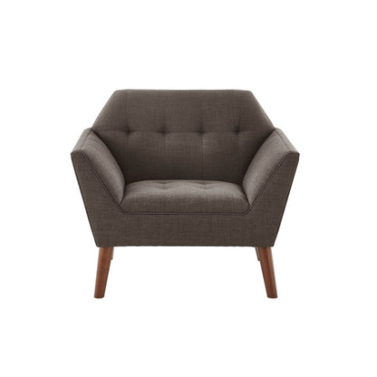 Modern lounge chair with button tufting in brown fabric and pecan wood legs on Tampa Home & Garden Store