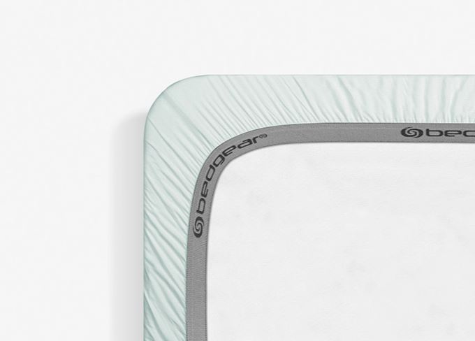 BedGear Hyper-Linen Crib Sheet Light Green with gray bordered edge branding on Tampa Home & Garden Store