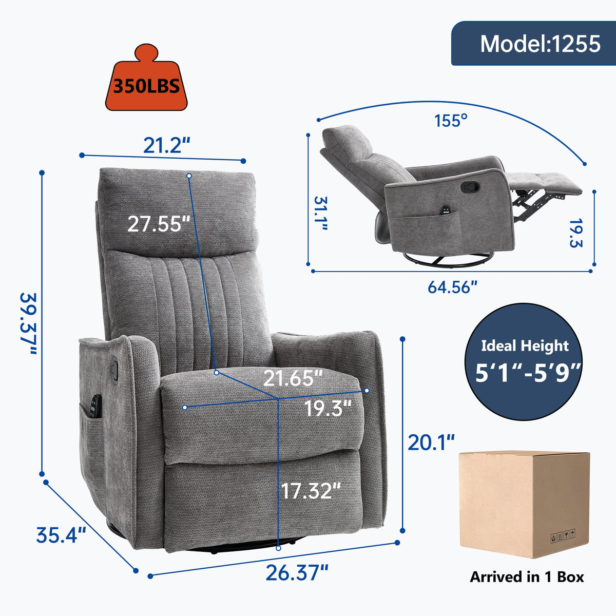 ComfortMax dark gray recliner chair by HouseOfZazla with 155° recline on Tampa Home & Garden Store