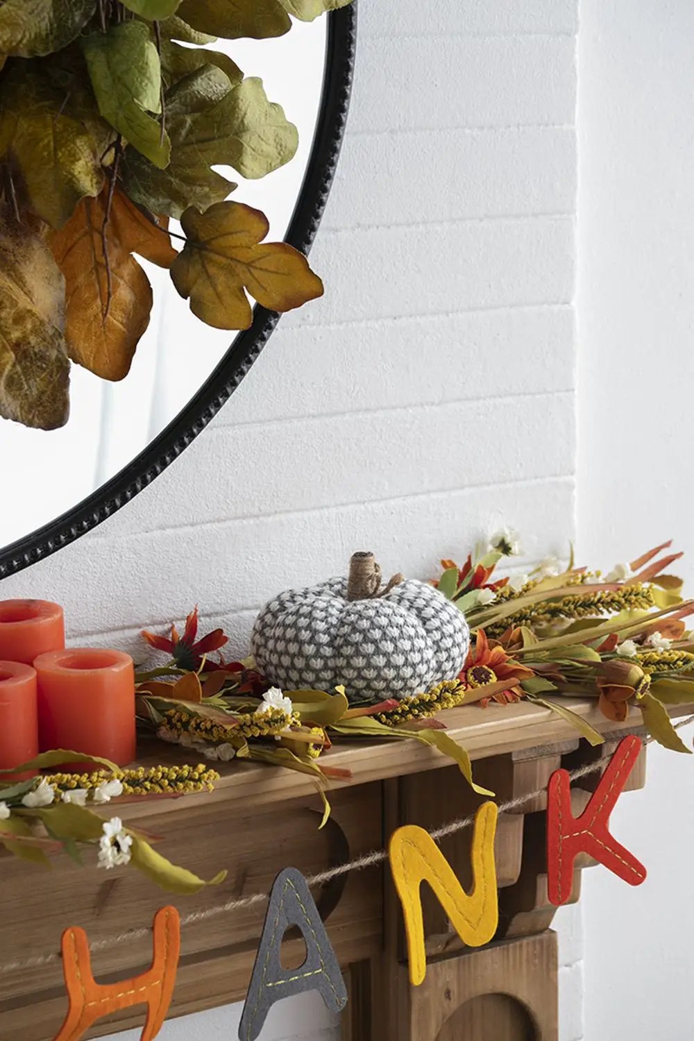 Knite Pumpkin Ornament knitted gray pumpkin with brown stem on fall mantel garland display on Tampa Home & Garden Store