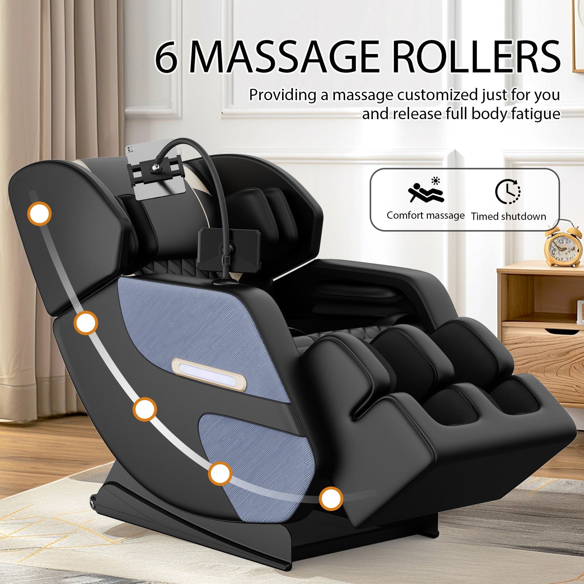 HouseOfZazla massage chair recliner with black upholstery and blue fabric panels on Tampa Home & Garden Store
