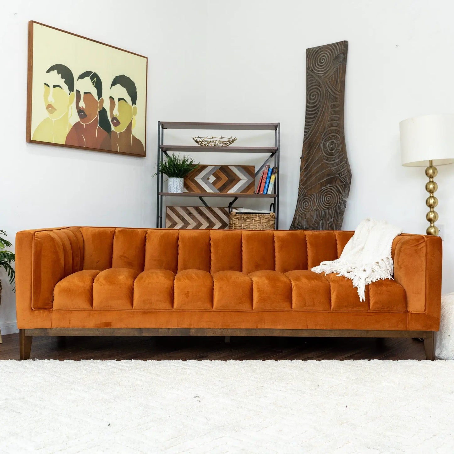 Melissa - Mid Century Modern Sofa, burnt orange velvet upholstery, tufted cushions, wooden legs on Tampa Home & Garden Store