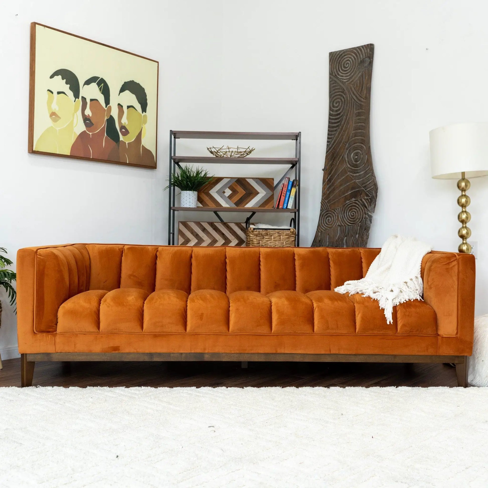 Melissa - Mid Century Modern Sofa, burnt orange velvet upholstery, tufted cushions, wooden legs on Tampa Home & Garden Store