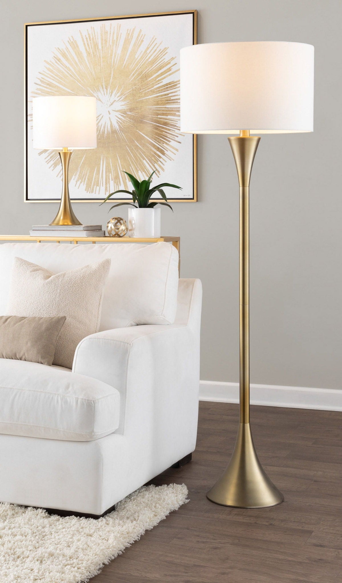 Lenuxe contemporary floor lamp by HouseOfZazla with brass finish, pair of lamps in living room on Tampa Home & Garden Store