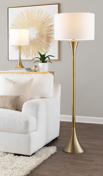 Lenuxe contemporary floor lamp by HouseOfZazla with brass finish, pair of lamps in living room on Tampa Home & Garden Store