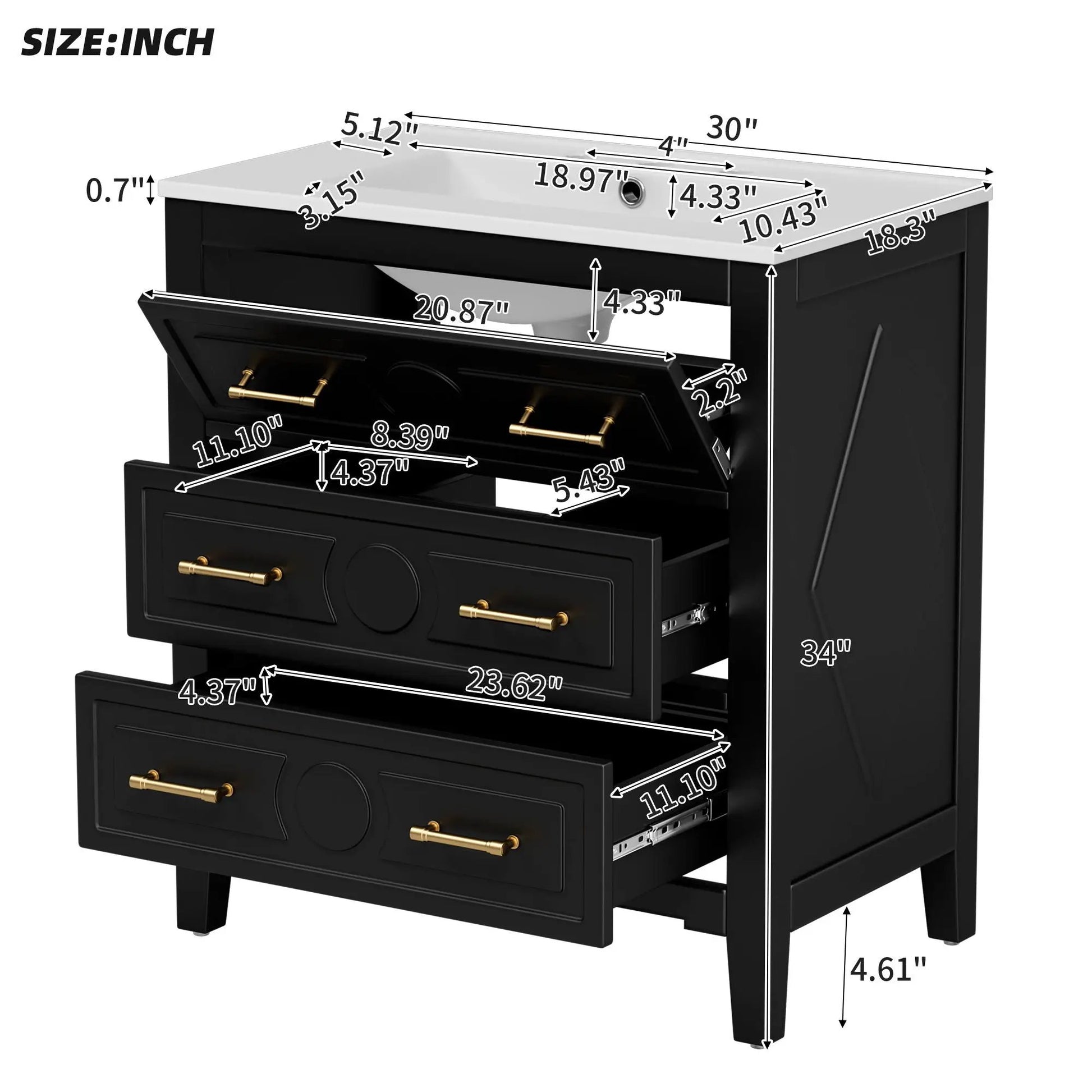 Black retro vanity with white top and gold hardware, unit by Unique Piece Furniture on Tampa Home & Garden Store