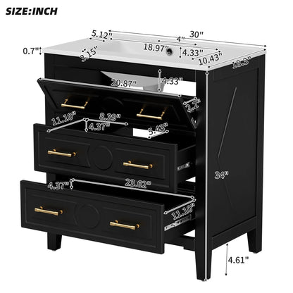 Black retro vanity with white top and gold hardware, unit by Unique Piece Furniture on Tampa Home & Garden Store