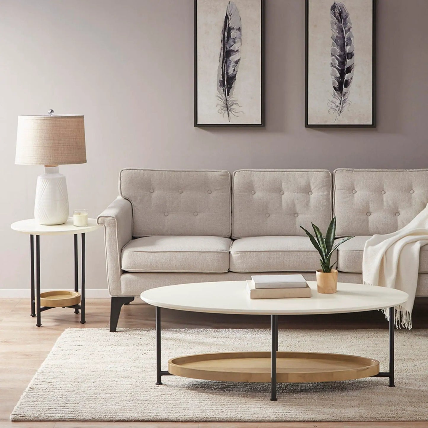 Oval End Table in White and Natural Tone
