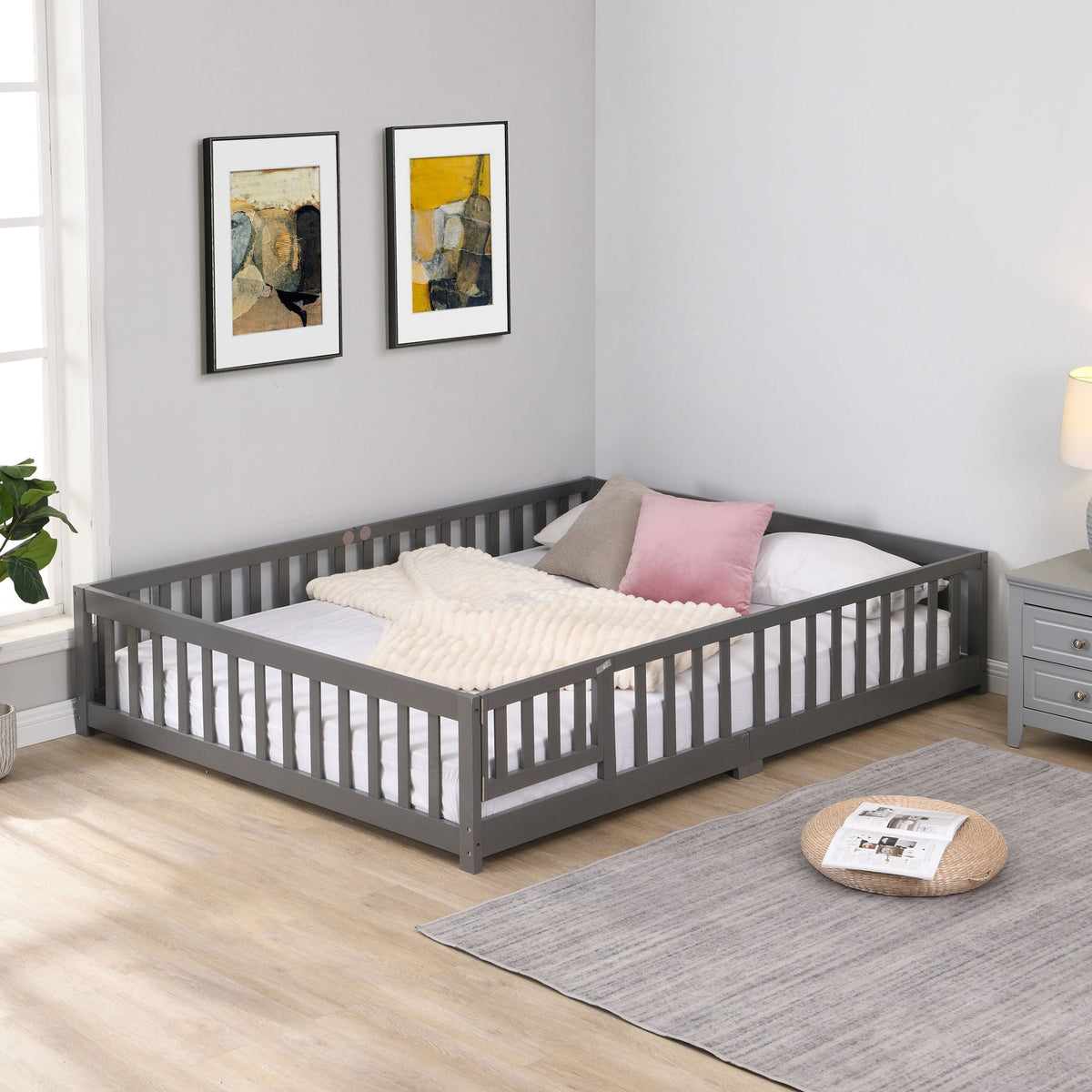 Solid gray floor platform beds (pair) with slatted sides for children on Tampa Home & Garden Store