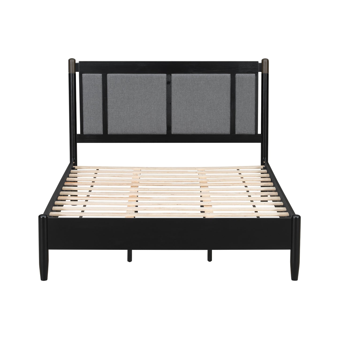 Solid Wood Queen Bed by HouseOfZazla with black metal frame and grey upholstered headboard on Tampa Home & Garden Store