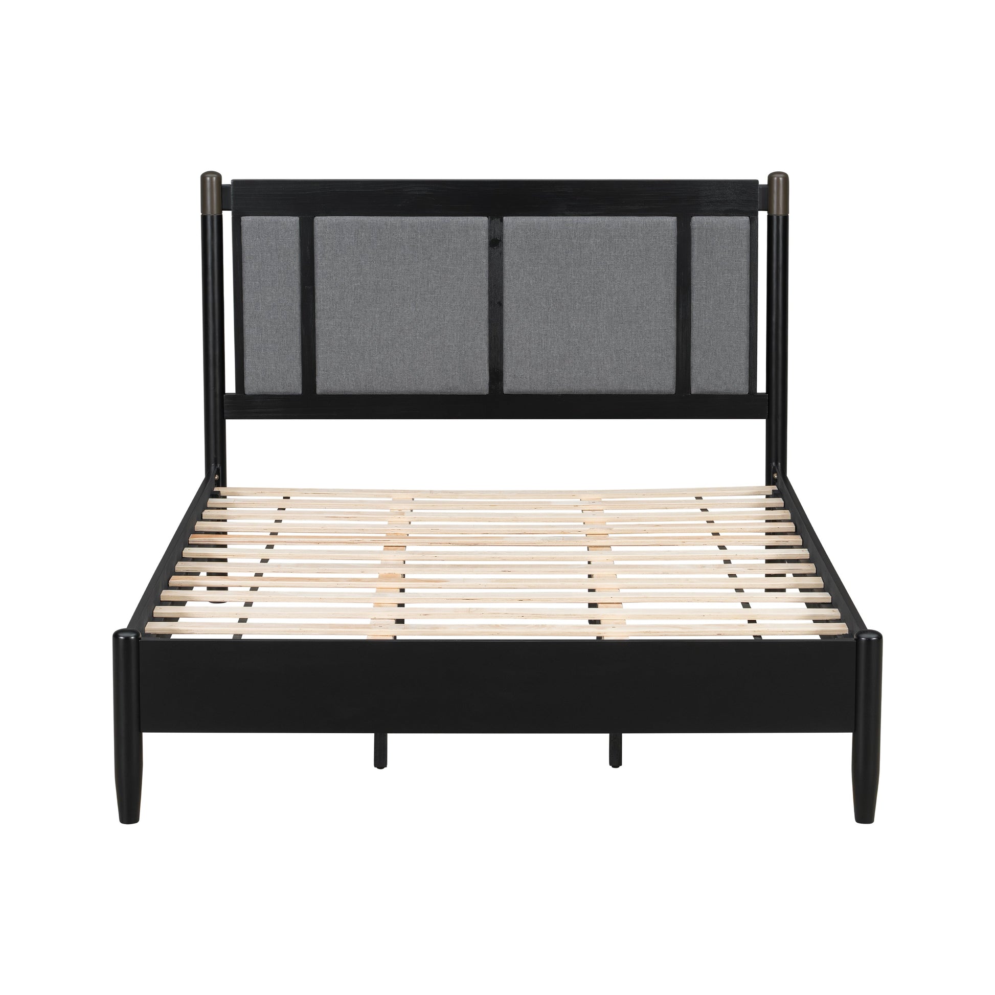 Solid Wood Queen Bed by HouseOfZazla with black metal frame and grey upholstered headboard on Tampa Home & Garden Store