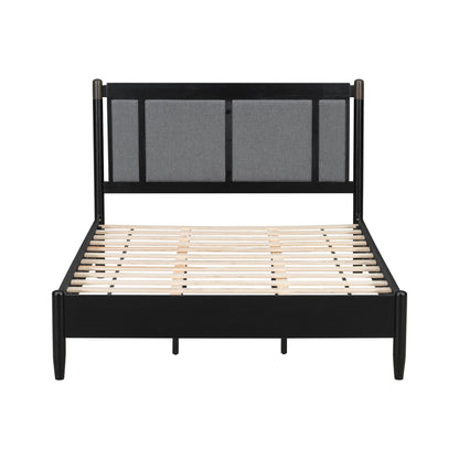 Solid Wood Queen Bed by HouseOfZazla with black metal frame and grey upholstered headboard on Tampa Home & Garden Store