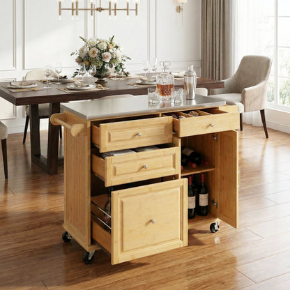 Bamboo Rolling Kitchen Island with Steel Top