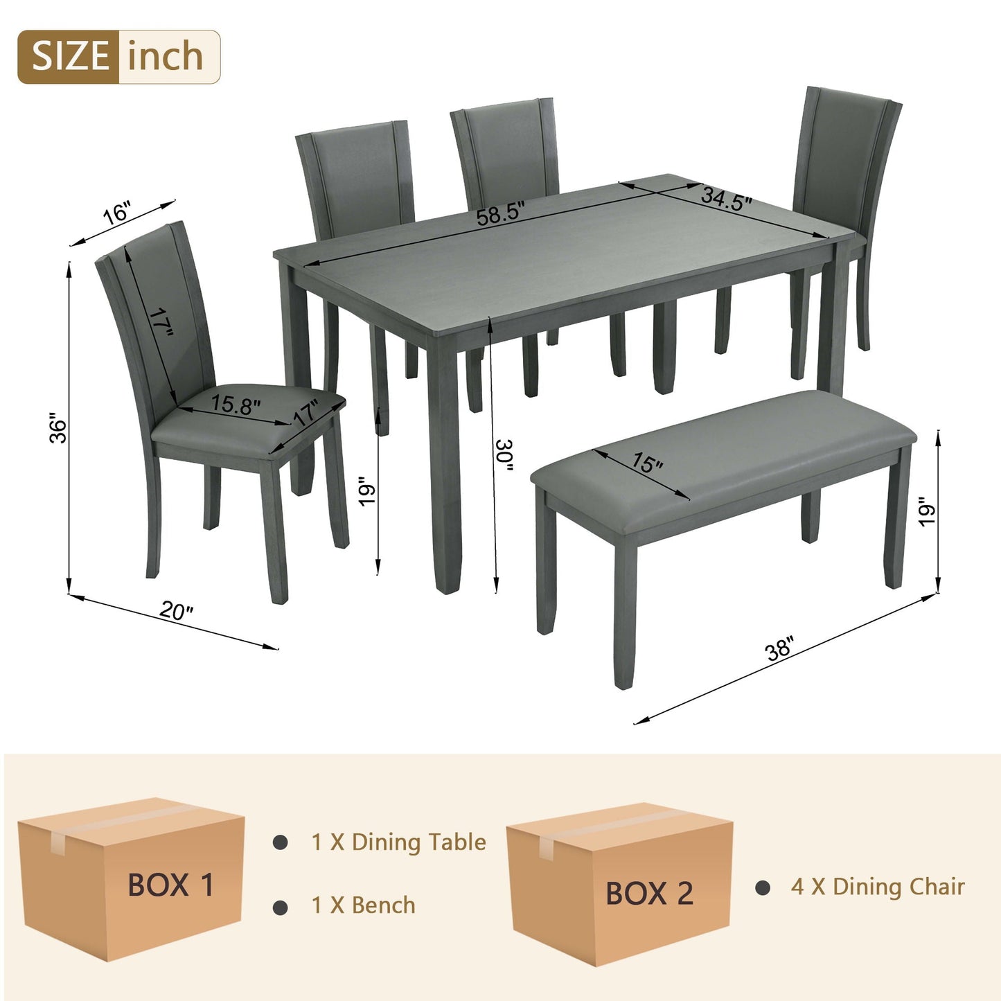 Modern Gray Wood Dining Set With Bench and Chairs