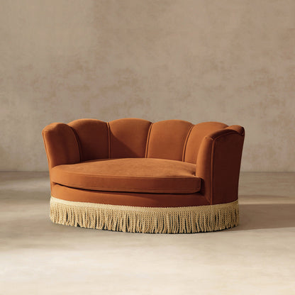 Clara 34.5in scalloped pet sofa bed Medium burnt orange with beige fringe trim on Tampa Home & Garden Store