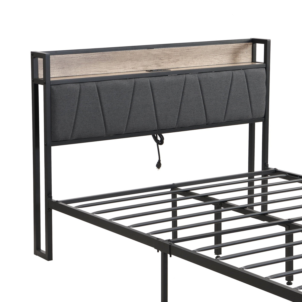 Storage bed frame with LED-lit upholstered headboard, gray tufted panel, black metal frame on Tampa Home & Garden Store