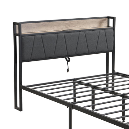 Storage bed frame with LED-lit upholstered headboard, gray tufted panel, black metal frame on Tampa Home & Garden Store