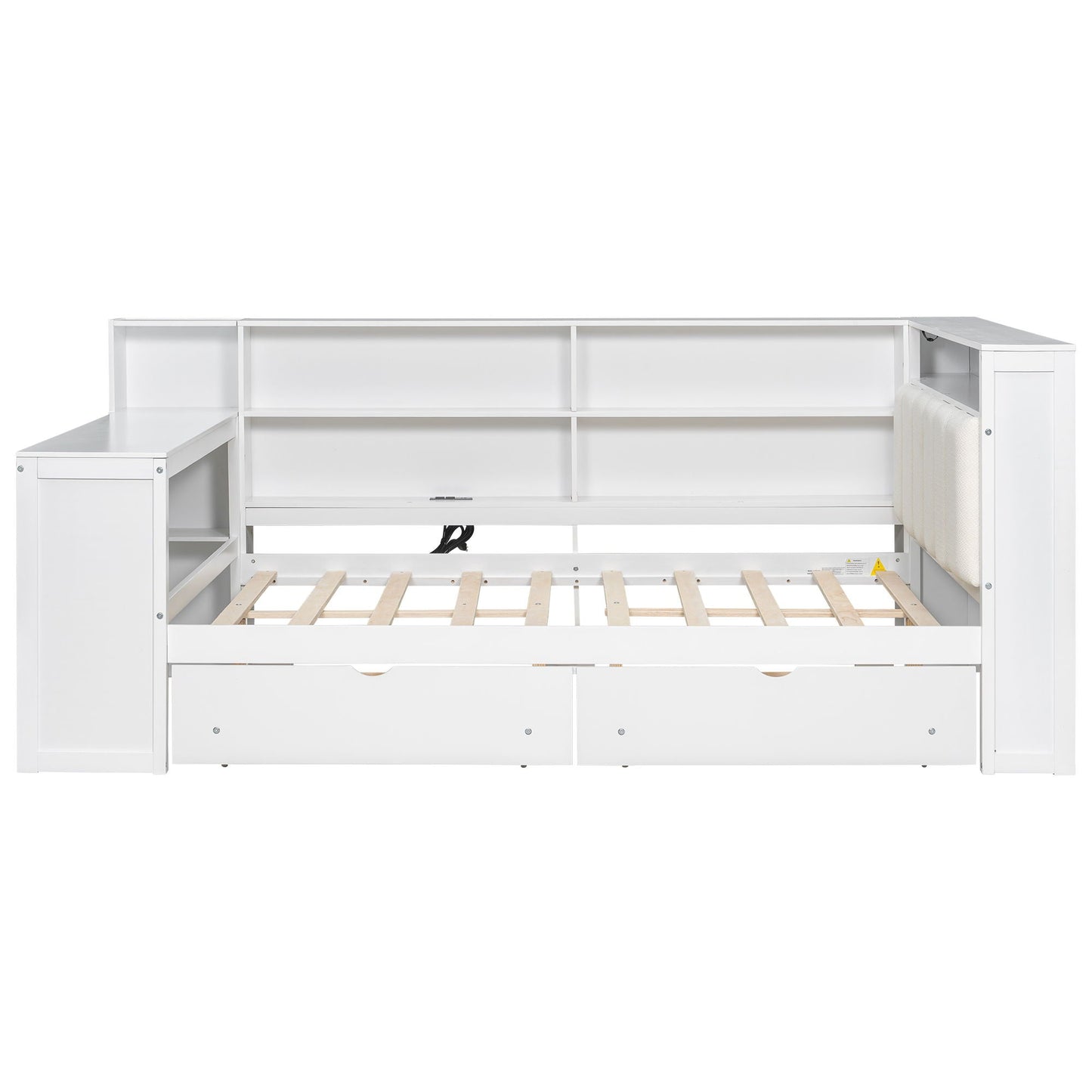 White platform bed with built-in storage shelves and drawers, desk extension on right on Tampa Home & Garden Store