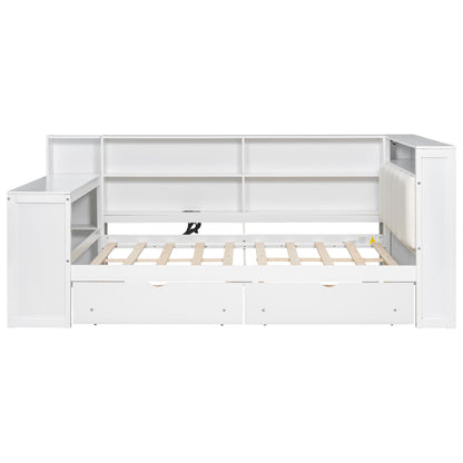 White platform bed with built-in storage shelves and drawers, desk extension on right on Tampa Home & Garden Store