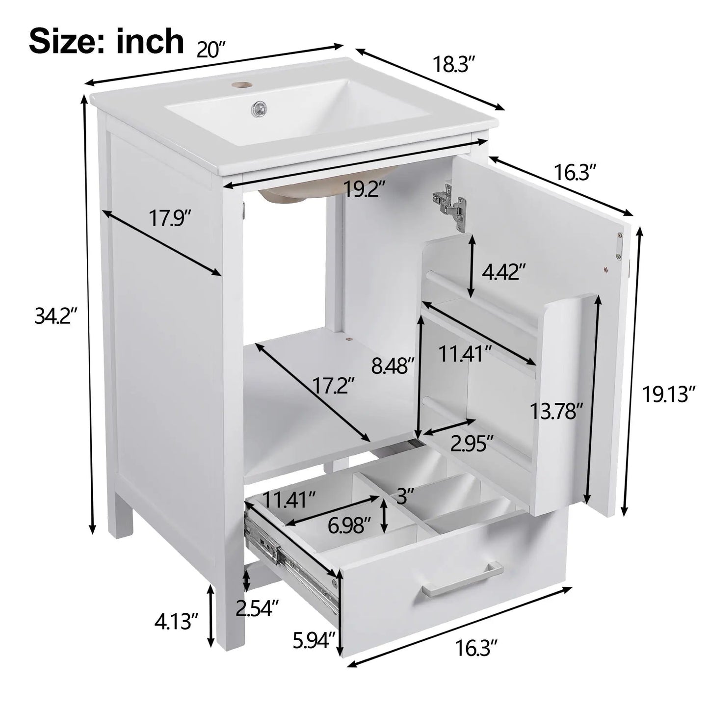 Bathroom Vanity Ceramic Sink and Divider Drawer