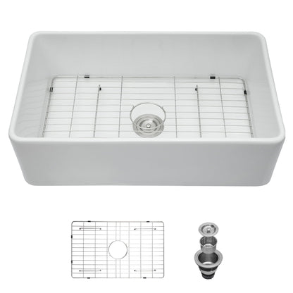 Elegant farmhouse apron-front ceramic single-bowl undermount kitchen sink with grid rack on Tampa Home & Garden Store